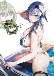Rule 34 | 2girls, :o, absurdres, arm up, ass, asymmetrical hair, bikini, black hairband, blue bikini, blue hair, breasts, collei (genshin impact), commentary request, eichi (yashokuya), eula (genshin impact), genshin impact, hair ornament, hairband, highres, knee up, large breasts, long hair, looking at another, multiple girls, open mouth, pool, pool ladder, sideboob, solo focus, strap gap, string bikini, swimsuit, thigh strap, water, wet, yellow eyes
