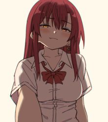 Rule 34 | 1girl, backlighting, blouse, blush, bow, bowtie, breasts, collarbone, earrings, eyes visible through hair, fang, fang out, hair between eyes, heart, heart earrings, heterochromia, highres, hololive, homura (hmr0222), houshou marine, jewelry, light smile, long hair, medium breasts, pov, red bow, red bowtie, red eyes, red hair, shirt, short sleeves, simple background, single earring, solo, virtual youtuber, white background, white shirt, yellow eyes