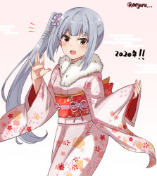 Rule 34 | 1girl, 2020, bad id, bad twitter id, brown eyes, cloud background, commentary request, dated, floral print, fur-trimmed kimono, fur trim, furisode, grey hair, highres, japanese clothes, kantai collection, kasumi (kancolle), kimono, long hair, looking at viewer, meguru (megurunn), pink background, pink kimono, print kimono, side ponytail, smile, solo, twitter username