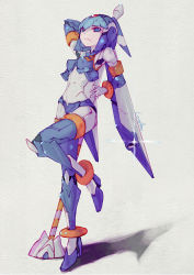 Rule 34 | 1girl, android, anklet, arm behind head, arm up, armlet, blue eyes, blue hair, blue thighhighs, bob cut, bracelet, breasts, buna (beech forest), character name, closed mouth, commentary request, full body, glint, grey background, high heels, highres, holding, holding weapon, inverted bob, jewelry, joints, fairy leviathan (mega man), looking at viewer, medium breasts, mega man (series), mega man zero (series), planted, planted spear, polearm, robot joints, short hair, simple background, solo, spear, standing, standing on one leg, thighhighs, weapon