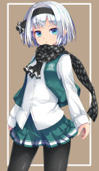 Rule 34 | 1girl, adapted costume, black bow, black bowtie, black hairband, black ribbon, blue eyes, bob cut, bow, bowtie, breasts, closed mouth, female focus, green skirt, green vest, hair ribbon, hairband, highres, konpaku youmu, long sleeves, looking at viewer, pantyhose, ribbon, scarf, shirt, short hair, silver hair, simple background, skirt, skirt set, sleeve cuffs, small breasts, solo, standing, touhou, uumaru, vest, white shirt