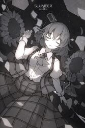 Rule 34 | 1girl, absurdres, ascot, breasts, chiroru (cheese-roll), closed eyes, collared shirt, dated, english text, facing viewer, flower, greyscale, highres, kazami yuuka, long sleeves, medium breasts, monochrome, parted lips, plaid, plaid skirt, plaid vest, shirt, short hair, skirt, solo, sunflower, touhou, vest