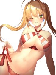 Rule 34 | 1girl, ;), ahoge, bare arms, bare shoulders, bikini, blonde hair, blush, breasts, commentary request, criss-cross halter, fate/grand order, fate (series), green eyes, hair between eyes, hair intakes, halterneck, highres, large breasts, long hair, looking at viewer, navel, nero claudius (fate), nero claudius (fate) (all), nero claudius (fate/extra), one eye closed, red bikini, side-tie bikini bottom, simple background, smile, solo, stomach, striped bikini, striped clothes, swimsuit, twintails, upper body, v-shaped eyebrows, white background, white bikini, yayoi maka