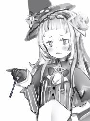 Rule 34 | 1girl, bad id, bad pixiv id, blunt bangs, blush, bow, bowtie, flat chest, flower, gloves, greyscale, hair flower, hair ornament, hand on own hip, hat, highres, hololive, looking down, monochrome, murasaki shion, murasaki shion (1st costume), nanashi (nlo), simple background, solo, translation request, virtual youtuber, white background, witch hat