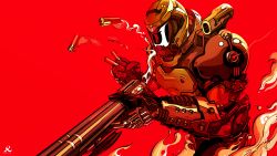 Rule 34 | 1boy, armor, black gloves, commentary, doom (series), doom eternal, doomguy, english commentary, excharny, gloves, gun, helmet, highres, holding, holding gun, holding weapon, limited palette, looking down, male focus, power armor, red background, reloading, science fiction, shotgun, shotgun shell, shoulder cannon, smoke, solo, weapon