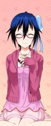 Rule 34 | 10s, 1girl, blue bow, blue hair, bow, collarbone, dress, closed eyes, glasses, hair between eyes, hair bow, jewelry, necklace, nisekoi, pink dress, red dress, short dress, short hair, sitting, solo, tsugumi seishirou