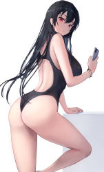 Rule 34 | 1girl, :/, absurdres, ass, back, back cutout, black hair, black one-piece swimsuit, bracelet, cellphone, closed mouth, clothing cutout, competition swimsuit, cowboy shot, earrings, from side, hair between eyes, highres, holding, holding phone, hoop earrings, jewelry, leaning forward, long hair, looking at viewer, one-piece swimsuit, original, phone, pigone, red eyes, simple background, smartphone, solo, straight hair, swimsuit, thighs, white background