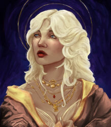 Rule 34 | 1girl, blonde hair, blue background, blue eyes, breasts, brown shirt, cleavage, closed mouth, commentary, dark-skinned female, dark skin, dungeons & dragons, dungeons &amp; dragons, english commentary, highres, jewelry, kat (bigmeandragonlady), long hair, necklace, neverwinter nights, nose, original, portrait, red lips, shirt, solo, tumblr username