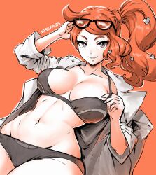 Rule 34 | 1girl, bra, breasts, closed mouth, collarbone, covered erect nipples, creatures (company), eyewear on head, game freak, hair ornament, heart, heart hair ornament, highres, lab coat, large breasts, lips, looking at viewer, miss faves, navel, nintendo, open clothes, open shirt, orange background, orange hair, orange theme, panties, pokemon, pokemon swsh, side ponytail, simple background, solo, sonia (pokemon), stomach, sunglasses, underwear