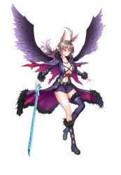 Rule 34 | 1girl, absurdres, ahoge, asahi, ass, bare legs, black wings, breasts, brown hair, capelet, cleavage, curvy, female focus, flying, full body, fur-trimmed footwear, fur trim, grey background, hair between eyes, hair wings, highres, horns, large breasts, lilith-soft, long hair, looking away, no bra, pointy ears, purple thighhighs, red eyes, rina (taimanin asagi), shiny skin, simple background, skirt, solo, sword, taimanin (series), taimanin asagi, taimanin rpgx, thighhighs, torn capelet, torn clothes, weapon, white background, wings