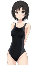 1girl, amagami, arms behind back, black hair, black swimsuit, brown eyes, collarbone, commentary, competition swimsuit, cowboy shot, grey swimsuit, groin, light blush, looking at viewer, nanasaki ai, one-piece swimsuit, shizupu, short hair, simple background, smile, solo, swimsuit, two-tone swimsuit, v arms, wet, white background