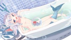 Rule 34 | 1girl, bath, bathing, bathtub, between legs, bloop (gawr gura), blue eyes, blunt bangs, breasts, collarbone, completely nude, fins, fish tail, gawr gura, highres, hololive, hololive english, indoors, looking at viewer, nude, open mouth, partially submerged, polearm, shark tail, sharp teeth, shoes, unworn shoes, silver hair, small breasts, tail, tail between legs, teeth, trident, virtual youtuber, water, weapon