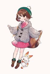 Rule 34 | 1girl, backpack, bad id, bad twitter id, bag, bob cut, boots, brown bag, brown eyes, brown footwear, brown hair, buttons, cable knit, cardigan, closed mouth, collared dress, commentary request, creatures (company), dress, game freak, gen 8 pokemon, gloria (pokemon), green headwear, green legwear, grey cardigan, hat, hooded cardigan, knees, looking at viewer, nintendo, pink dress, plaid, plaid legwear, pokemon, pokemon (creature), pokemon swsh, scorbunny, short hair, smile, socks, tam o&#039; shanter, zzzpani