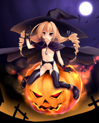 Rule 34 | 1girl, blonde hair, boots, bottomless, breasts, candy, drill hair, food, halloween, hat, jack-o&#039;-lantern, lollipop, long hair, mouth hold, norizou type-r, original, pumpkin, red eyes, small breasts, solo, swirl lollipop, thighhighs, twintails, witch hat