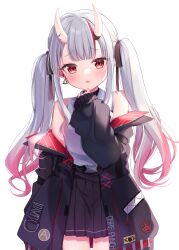 Rule 34 | 1girl, absurdres, blush, grey hair, heart, heart-shaped pupils, highres, hololive, horns, ineka ka, long hair, looking at viewer, multicolored hair, nakiri ayame, nakiri ayame (streetwear), open mouth, pleated skirt, red eyes, red hair, shirt, simple background, skin-covered horns, skirt, solo, streaked hair, symbol-shaped pupils, twintails, virtual youtuber, white background, white shirt