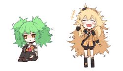 Rule 34 | +++, 2girls, :d, arm behind head, black legwear, blonde hair, bow, bowtie, chestnut mouth, chibi, closed eyes, facing viewer, ganesagi, girls&#039; frontline, green hair, hairband, jacket, legs together, long sleeves, m950a (girls&#039; frontline), messy hair, multiple girls, open mouth, pouch, s.a.t.8 (girls&#039; frontline), shoes, sitting, smile, socks, standing, thighhighs, twintails, yellow eyes
