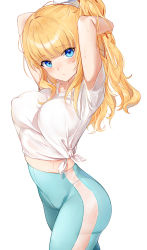 Rule 34 | 1girl, arms behind head, blonde hair, blue eyes, blue pants, breasts, covered erect nipples, emyo, high-waist pants, highres, large breasts, long hair, looking at viewer, midriff, original, pants, ponytail, shirt, simple background, solo, sweat, t-shirt, tied shirt, white background, white shirt