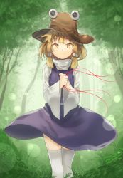 Rule 34 | 1girl, bad id, bad pixiv id, blonde hair, commentary request, cowboy shot, dress, forest, grass, hair tubes, hat, highres, holding, long sleeves, looking at viewer, moriya suwako, nature, purple dress, shirt, short hair, sidelocks, smile, solo, string, string of fate, suminagashi, thighhighs, thighs, touhou, vegetation, white shirt, white thighhighs, wide sleeves, yellow eyes