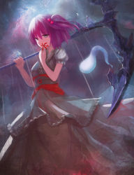 Rule 34 | 1girl, absurdres, alternate weapon, cloud, cloudy sky, flower, ghost, grey eyes, hair bobbles, hair ornament, highres, mag (huangmag), night, onozuka komachi, puffy short sleeves, puffy sleeves, purple hair, rain, revision, sash, scythe, shirt, short sleeves, skirt, sky, smelling flower, solo, spider lily, touhou, two side up, weapon