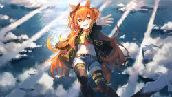 Rule 34 | 1girl, absurdres, animal ears, belt, bird, bomber jacket, brown thighhighs, cloud, contrail, crop top, dog tags, feet out of frame, floating, green jacket, green shirt, highres, horse ears, horse girl, horse tail, jacket, long hair, long sleeves, looking at viewer, mayano top gun (umamusume), midriff, navel, ocean, open clothes, open jacket, open mouth, orange hair, outdoors, outstretched arm, reaching, reaching towards viewer, seagull, shirt, short shorts, shorts, smile, solo, tail, teeth, thighhighs, two side up, umamusume, upper teeth only, white shorts, yellow eyes, yu hydra