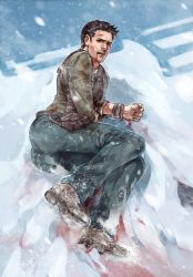 Rule 34 | 1boy, anderain, bandages, black hair, blood, blood in mouth, blood on chest, blood on snow, denim, facial hair, highres, injury, jeans, lying, male focus, nathan drake, on side, pants, snow, snowing, solo, stubble, uncharted, uncharted 2