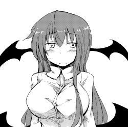 Rule 34 | 1girl, bat wings, blush, breasts, chata maru (irori sabou), collared shirt, demon girl, dress shirt, embarrassed, female focus, greyscale, halftone, head wings, highres, koakuma, large breasts, long hair, long sleeves, looking at viewer, low wings, monochrome, necktie, shirt, sidelocks, simple background, solo, touhou, upper body, white background, white shirt, wings