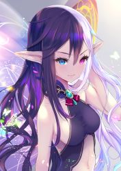 Rule 34 | 1girl, arm behind head, blue eyes, blush, breasts, bug, butterfly, butterfly wings, center opening, cleavage, closed mouth, commentary request, hair between eyes, heterochromia, insect, insect wings, kether, long hair, looking at viewer, multicolored hair, pink eyes, pointy ears, purple hair, shingoku no valhalla gate, sideboob, silver hair, sleeveless, small breasts, smile, solo, two-tone hair, upper body, wings