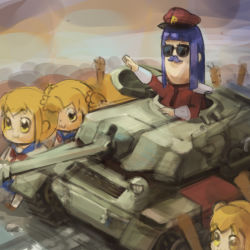 Rule 34 | 10s, 2girls, 5girls, :3, baseball bat, bkub (style), black-framed eyewear, blue sailor collar, blue skirt, cannon, caterpillar tracks, closed mouth, commentary request, facial hair, haowei wu, hat, light brown hair, long hair, m. bison, military, military uniform, military vehicle, motor vehicle, multiple girls, multiple persona, mustache, nail, nail bat, neckerchief, parody, pipimi, poptepipic, popuko, red hat, red neckerchief, red shirt, sailor collar, salute, school uniform, serafuku, shirt, short hair, skirt, style parody, sunglasses, tank, two side up, uniform, white shirt, yellow eyes