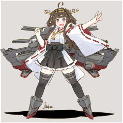 Rule 34 | 1girl, absurdres, ahoge, black ribbon, brown hair, hair rings, highres, inica, kantai collection, kongou (kancolle), long hair, nontraditional miko, outstretched arm, ribbon, rigging, sidelocks, solo, thighhighs, thighs, wide-eyed, zettai ryouiki