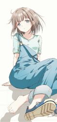 Rule 34 | 1girl, :o, barefoot, blue overalls, collarbone, drapitz, feet, foreshortening, full body, grey hair, highres, idolmaster, idolmaster shiny colors, looking at viewer, overalls, serizawa asahi, shoes, single barefoot, single shoe, sitting, sneakers, solo, strap slip, toenails, toes