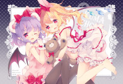 Rule 34 | 2girls, :d, animal ears, aogiri sei, babydoll, bare legs, barefoot, bat wings, blonde hair, bloomers, bow, brown legwear, extra ears, fang, flandre scarlet, framed, frills, gloves, hair bow, light purple hair, multiple girls, one eye closed, open mouth, out of frame, pantyhose, pink bow, pink eyes, pink ribbon, pointy ears, purple hair, remilia scarlet, ribbon, short hair, siblings, sisters, smile, strap slip, stuffed animal, stuffed toy, teddy bear, touhou, underwear, white gloves, wings