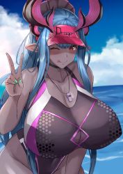 Rule 34 | 1girl, ;d, aqua hair, blue sky, blush, body markings, braid, breast cutout, breast focus, breasts, cleavage cutout, clothing cutout, colored skin, cowboy shot, curvy, dark-skinned female, dark skin, fang, fate/grand order, fate (series), french braid, grey skin, hat, highleg, highleg swimsuit, highres, horns, huge breasts, ibuki douji (fate), ibuki douji (swimsuit berserker) (fate), ibuki douji (swimsuit berserker) (first ascension) (fate), long hair, looking at viewer, multiple horns, murasaki nami, one-piece swimsuit, one eye closed, oni, oni horns, open mouth, pink hat, pink one-piece swimsuit, pointy ears, red eyes, shiny skin, sky, smile, solo, swimsuit, two-tone swimsuit, v, very long hair, visor cap, whistle, wide hips