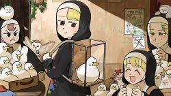 Rule 34 | 4girls, :&lt;, :d, ^ ^, animal, animal bag, animal on head, ant, backpack, bag, barn owl, basket, bird, bird on head, blonde hair, blue eyes, brown eyes, brown hair, bug, chicken, closed eyes, clumsy nun (diva), commentary, curtains, diva (hyxpk), duck, english commentary, feathers, flower, folded clothes, frog headband, froggy nun (diva), gift, habit, hair flower, hair ornament, hairpin, hanging plant, highres, in container, insect, little nuns (diva), mole, mole under eye, multiple girls, note, nun, on head, open mouth, owl, paint splatter, paint splatter on face, paint stains, poster (object), see-through, silhouette, smile, spicy nun (diva), stained clothes, star ornament, strict nun (diva), suitcase, traditional nun, writing on wall, x, yellow eyes