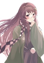 Rule 34 | 1girl, absurdres, aoko (myut7287), artist name, checkered clothes, checkered scarf, closed mouth, forbidden scrollery, futatsuiwa mamizou, futatsuiwa mamizou (human), glasses, green kimono, highres, japanese clothes, kimono, leaf, leaf on head, long hair, long sleeves, looking at viewer, raccoon girl, scarf, simple background, smile, solo, touhou, white background