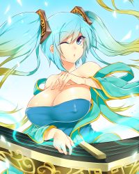 Rule 34 | 1girl, :o, aqua hair, blue eyes, breasts, covered erect nipples, etwahl, fuya (tempupupu), gradient hair, hair ornament, highres, huge breasts, league of legends, low neckline, multicolored hair, nail polish, one eye closed, solo, sona (league of legends), temp (artist), twintails, wink