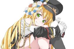 Rule 34 | 1girl, black hat, blonde hair, commentary, commission, english commentary, flower, girls&#039; frontline, gloves, green eyes, hair flower, hair ornament, hat, holding, holding flower, hugging own legs, long hair, long sleeves, looking at viewer, off shoulder, peaked cap, second-party source, simple background, skeb commission, smile, solo, stg44 (girls&#039; frontline), ueki yuma, uniform, white background, white gloves
