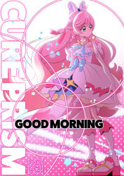 Rule 34 | 1girl, artist logo, boots, bow, character name, commentary request, cure prism, dress, elbow gloves, english text, eyelashes, gloves, good morning, gradient background, green eyes, hair bow, hair ornament, hair ribbon, highres, hirogaru sky! precure, kamikita futago, long hair, looking to the side, magical girl, nijigaoka mashiro, pink background, pink hair, pink ribbon, precure, ribbon, serious, solo, stamp mark, standing, white dress, white gloves