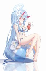 Rule 34 | alternate costume, bag, ball, beachball, bikini, blue archive, blue hair, breasts, chise (blue archive), chise (swimsuit) (blue archive), crab, flower, hair between eyes, hair flower, hair ornament, halo, highres, horns, long hair, looking at viewer, medium breasts, multicolored bikini, multicolored clothes, navel, oni horns, ponytail, red horns, reflective floor, simple background, sitting, swimsuit, wardrobe malfunction, white background, xintianou
