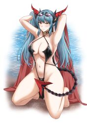 Rule 34 | 1girl, absurdres, adone (pluemza021), armpits, arms behind back, azur lane, beach, black one-piece swimsuit, black slingshot swimsuit, blue hair, breasts, choker, collarbone, dragon girl, dragon horns, dragon tail, eyewear on head, goggles, goggles on head, groin, highres, holding, holding towel, horns, kneeling, large breasts, long hair, looking at viewer, mechanical horns, mechanical tail, navel, official alternate costume, one-piece swimsuit, pointy ears, regensburg (azur lane), regensburg (dark dragon brilliant beach) (azur lane), sand, slingshot swimsuit, slit pupils, smile, solo, spiked choker, spikes, stomach, swimsuit, tail, towel, twintails, water, wet, yellow eyes