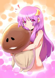 Rule 34 | 1girl, beeworks, bow, breasts, crescent, crescent hair ornament, crossover, female focus, funghi, hair bow, hair ornament, hug, kobii, light smile, long hair, nameko (osawari tantei), nude, osawari tantei, patchouli knowledge, purple eyes, sidelocks, solo, touhou, upper body, very long hair