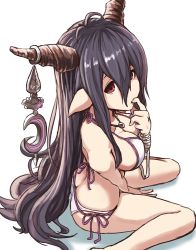 Rule 34 | 10s, 1girl, antenna hair, bandaged arm, bandages, bikini, breasts, butt crack, danua, draph, finger in own mouth, granblue fantasy, hair between eyes, horn ornament, horns, jewelry, kitiku, large breasts, long hair, looking at viewer, necklace, pointy ears, purple hair, red eyes, sitting, solo, swimsuit, very long hair, wariza