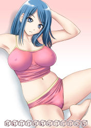 Rule 34 | 1girl, blue eyes, blue hair, breasts, cameltoe, camisole, covered erect nipples, feet, fumi (777), impossible clothes, impossible shirt, kiso fumihiro, large breasts, legs, matching hair/eyes, midriff, navel, original, panties, shirt, solo, spaghetti strap, spread legs, tank top, taut clothes, taut shirt, thighs, underwear