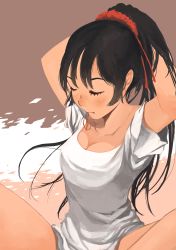 Rule 34 | 1girl, absurdres, adjusting hair, arms behind head, black hair, breasts, cleavage, closed eyes, collarbone, eyelashes, hair tie, highres, indian style, long hair, mouth hold, original, ponytail, scrunchie, shirorin (ballet girl&#039;s), shirt, short sleeves, simple background, sitting, solo, spread legs, tying hair, white shirt