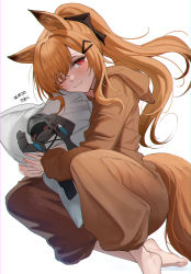Rule 34 | 1girl, ;), absurdres, animal ears, arknights, barefoot, beruko14, blush, ceobe (arknights), clothing cutout, dakimakura (object), dated, doctor (arknights), dog ears, dog girl, dog tail, highres, hood, hood down, hooded pajamas, invisible chair, long hair, long sleeves, hugging object, official alternate costume, one eye closed, orange hair, pajamas, pillow, ponytail, red eyes, sidelocks, signature, sitting, smile, solo, tail, tail through clothes