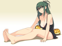 Rule 34 | 1girl, barefoot, black-framed eyewear, breasts, chemise, cleavage, feet, female focus, full body, glasses, green eyes, green hair, highres, ino (magloid), jack-o&#039;-lantern, kisaragi rei (otome, large breasts, long hair, looking at viewer, matching hair/eyes, otome function, simple background, sitting, smile, soles, solo
