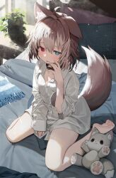 Rule 34 | 1girl, :p, animal collar, animal ear fluff, animal ears, bare legs, barefoot, bed, blue eyes, breasts, brown hair, collar, dog ears, dog girl, dog tail, ear down, full body, hasuki rui, heterochromia, highres, indie virtual youtuber, light brown hair, long sleeves, looking at viewer, mamemochi, medium hair, multicolored hair, no pants, on bed, pillow, plant, potted plant, red eyes, second-party source, shirt, sitting, small breasts, stuffed animal, stuffed dog, stuffed toy, tail, tongue, tongue out, two-tone hair, virtual youtuber, wariza, white shirt