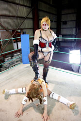 Rule 34 | 2girls, arena, blonde hair, boxing ring, breasts, brown hair, chouzuki maryou, cleavage, cosplay, eyepatch, fingerless gloves, gloves, large breasts, mistress spencer, mistress spencer (cosplay), multiple girls, photo (medium), rebecca welsh, rebecca welsh (cosplay), rumble roses, rumble roses xx, suzuka itsuki, whip