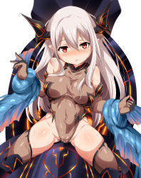 Rule 34 | 10s, 1girl, bare shoulders, blurry, blush, body blush, bodysuit, boots, breasts, breasts apart, brown gloves, brown thighhighs, cameltoe, colo mag-chan, colossus (granblue fantasy), covered collarbone, covered navel, depth of field, draph, elbow gloves, embarrassed, gloves, glowing, granblue fantasy, grey gloves, grey thighhighs, groin, hair between eyes, hair over breasts, halterneck, highleg, highleg leotard, highres, holding another&#039;s wrist, horns, knee boots, leotard, leviathan (granblue fantasy), long hair, looking at viewer, magukappu, medium breasts, neon trim, nose blush, parted bangs, parted lips, pointy ears, red eyes, restrained, riding, shiny clothes, sidelocks, silver hair, simple background, sitting, skin tight, solo, spread legs, straddling, sweat, taut clothes, tentacles, thighhighs, thighs, turtleneck, very long hair, white background