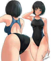 Rule 34 | 1girl, absurdres, amagami, ass, black hair, black one-piece swimsuit, blush, bob cut, breasts, brown eyes, closed mouth, commentary request, competition swimsuit, from behind, highleg, highleg swimsuit, highres, looking at viewer, medium breasts, nanasaki ai, one-piece swimsuit, short hair, smile, solo, swimsuit, two-tone swimsuit, yoo tenchi