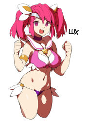 Rule 34 | 1girl, armlet, bad id, bad pixiv id, breasts, character name, choker, cleavage, clenched hands, coon, league of legends, long hair, looking at viewer, lux (league of legends), navel, open mouth, pink hair, purple choker, purple eyes, simple background, solo, star (symbol), star guardian (league of legends), star guardian lux, swimsuit, teeth, tongue, twintails, upper teeth only, white bag